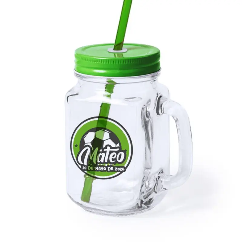 Jarra cristal con pajita, para comunión. Modelo fútbol. 8 colores. 500ml