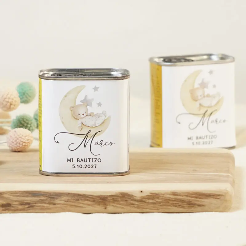 Lata de Aceite personalizada para bautizo 100ml Oso y luna