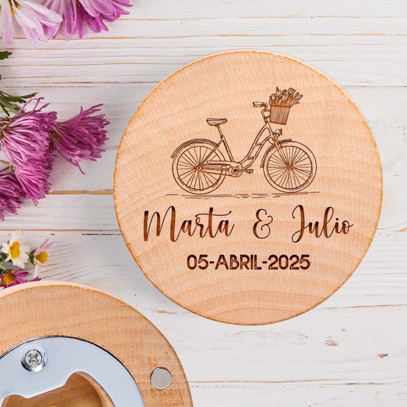 Abridor de madera con imán, redondo, personalizado, modelo bike abridor de madera para boda bike