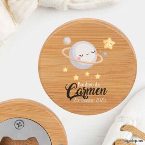Abridor para bautizo personalizado, bambú, con imán, modelo moon