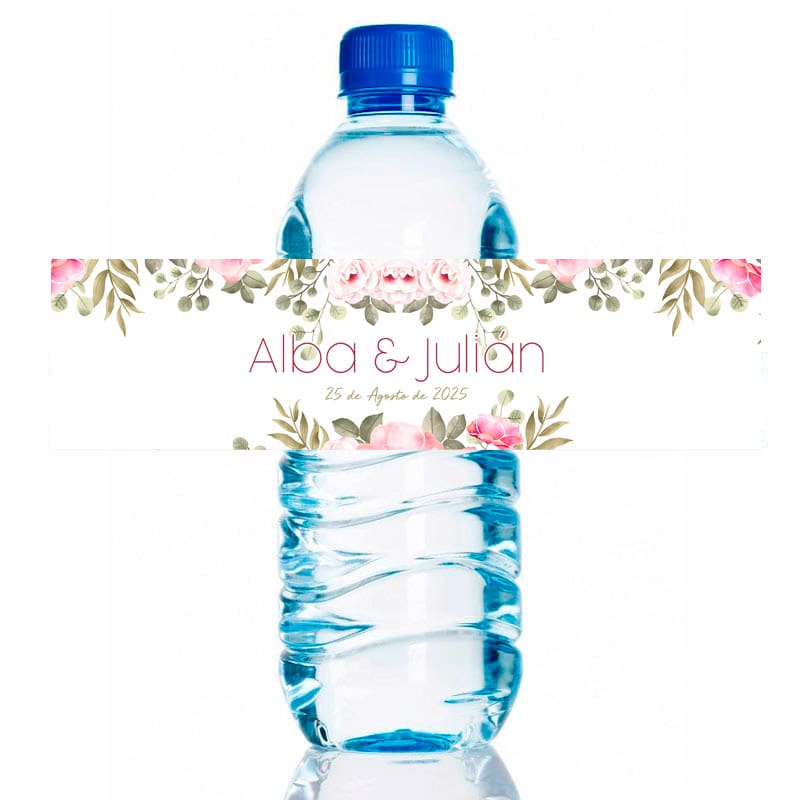 Etiqueta de boda adhesiva para botella de agua. Modelo Córdoba. 20x5cm agua personalizada para boda cordoba
