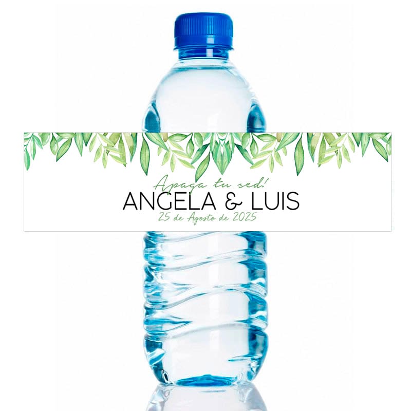 Etiqueta de boda adhesiva para botella de agua. Modelo Leaves. 20x5cm agua personalizada para boda leaves