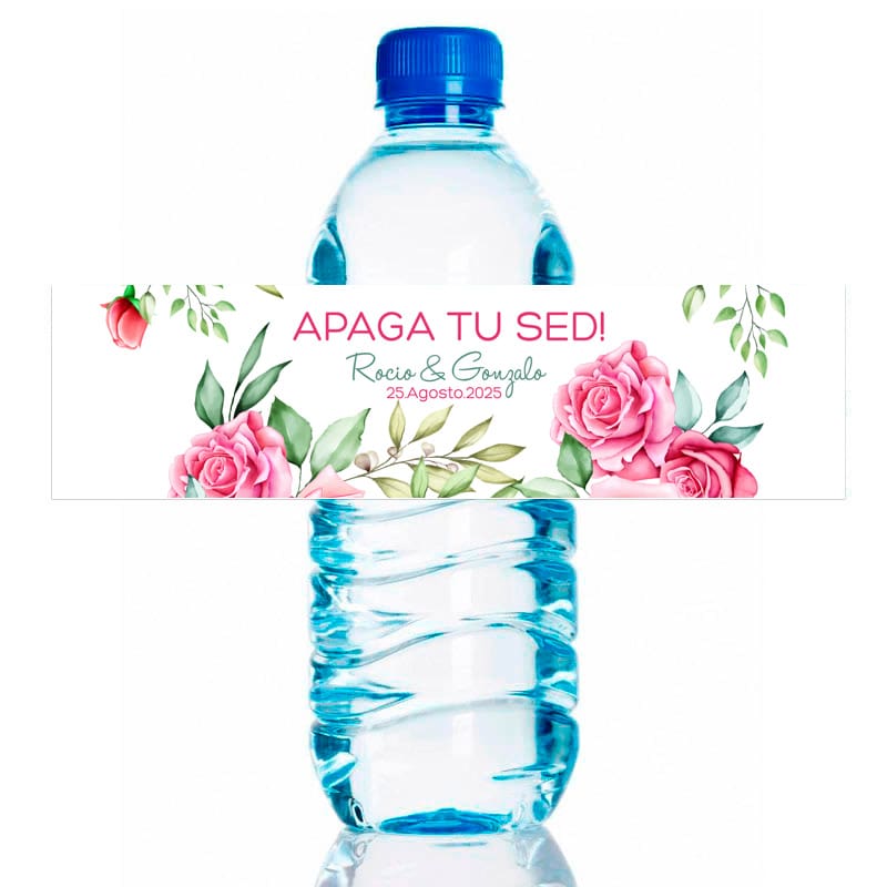 Etiqueta de boda adhesiva para botella de agua. Modelo Rosas. 20x5cm