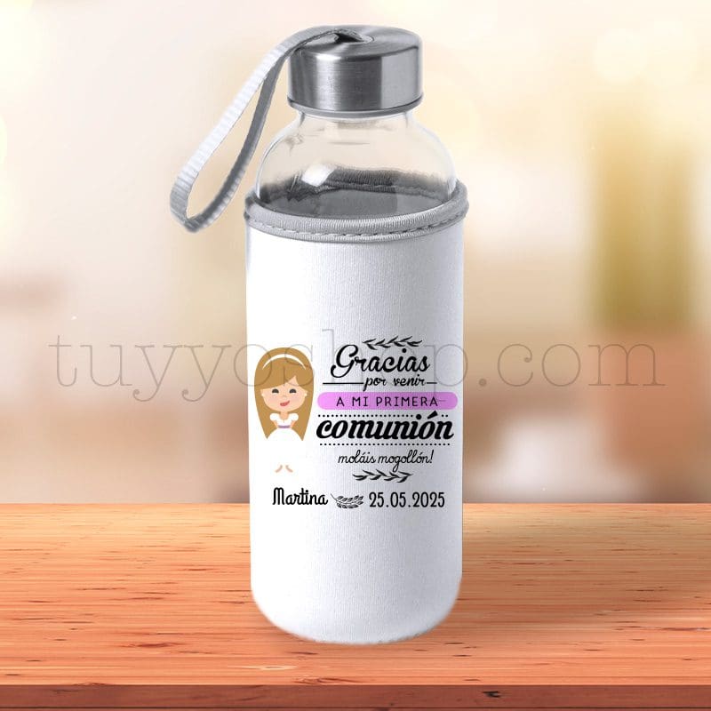 Botella H2O de cristal reutilizable, personalizada, chica comunión bidon agua comunion modelo chica