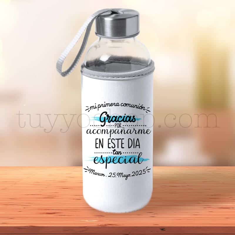 Botella cristal reutilizable, personalizada, comunión, día especial