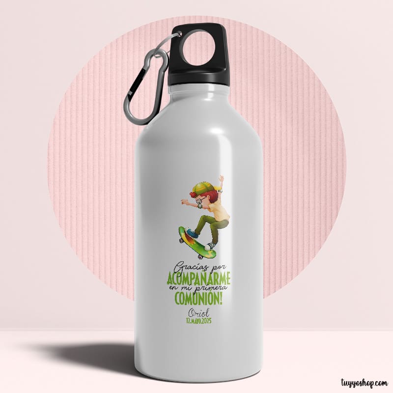 Bidón aluminio, personalizado para comunión, 400ml, modelo chico monopatín