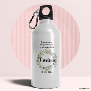 Bidón aluminio, personalizado para comunión, 400ml, modelo corona floral