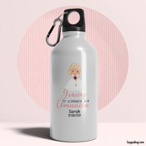 Bidón aluminio, personalizado para comunión, 400ml, modelo Paula rubia