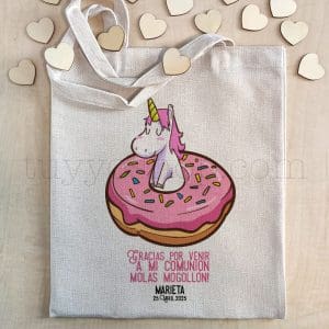 Bolsa personalizada para comunión. Modelo Donut unicornio bolsa comunion tejido premium donut uni