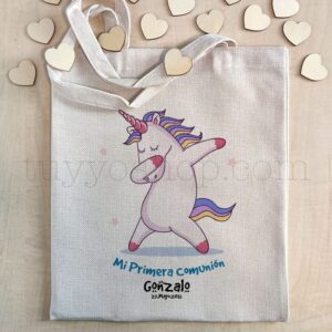 Bolsa personalizada para comunión. Modelo Unicornio Dub