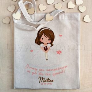 Bolsa personalizada para comunión. Modelo Chica pelo castaño