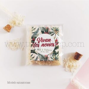 Bolsa para arroz de boda. Adhesivo cuadrado personalizable. Varios modelos. bolsa de arroz personalizada amazonas