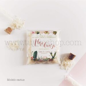 Bolsa para arroz de boda. Adhesivo cuadrado personalizable. Varios modelos. bolsa de arroz personalizada cactus