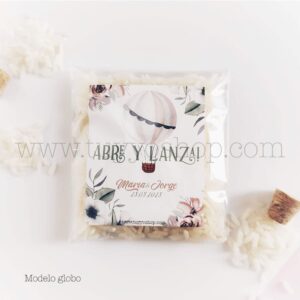 Bolsa para arroz de boda. Adhesivo cuadrado personalizable. Varios modelos. bolsa de arroz personalizada globo