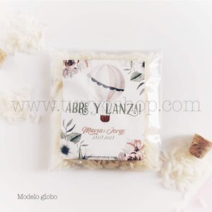 Bolsa para arroz de boda. Adhesivo cuadrado personalizable. Varios modelos.