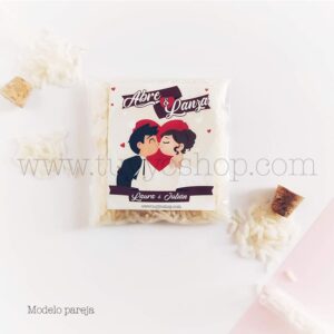 Bolsa para arroz de boda. Adhesivo cuadrado personalizable. Varios modelos. bolsa de arroz personalizada pareja