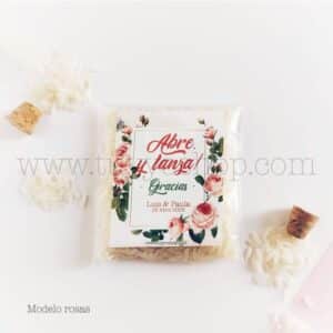 Bolsa para arroz de boda. Adhesivo cuadrado personalizable. Varios modelos. bolsa de arroz personalizada rosas