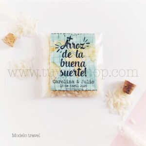 Bolsa para arroz de boda. Adhesivo cuadrado personalizable. Varios modelos. bolsa de arroz personalizada travel
