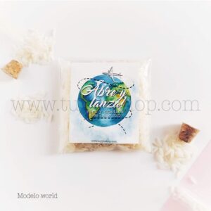 Bolsa para arroz de boda. Adhesivo cuadrado personalizable. Varios modelos. bolsa de arroz personalizada world