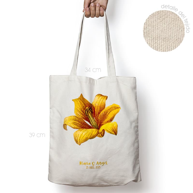 Bolsa personalizada poliester-algodón. Gran calidad. 34x39cm. Hibisco bolsa personalizada para boda flor amarilla