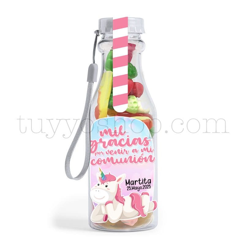 Botella reutilizable, llena de golosinas, personalizable, unicornio bote golosina comunion unicornio brillo
