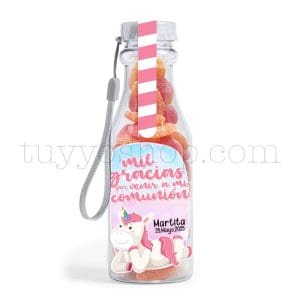 Botella reutilizable, llena de golosinas, personalizable, unicornio bote golosina comunion unicornio corazones