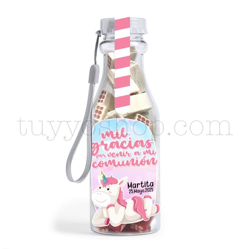 Botella reutilizable, llena de golosinas, personalizable, unicornio bote golosina comunion unicornio ladrillo