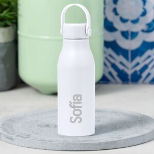 Ultimos regalos para invitados añadidos botella aluminio personalizada con nombre blanco
