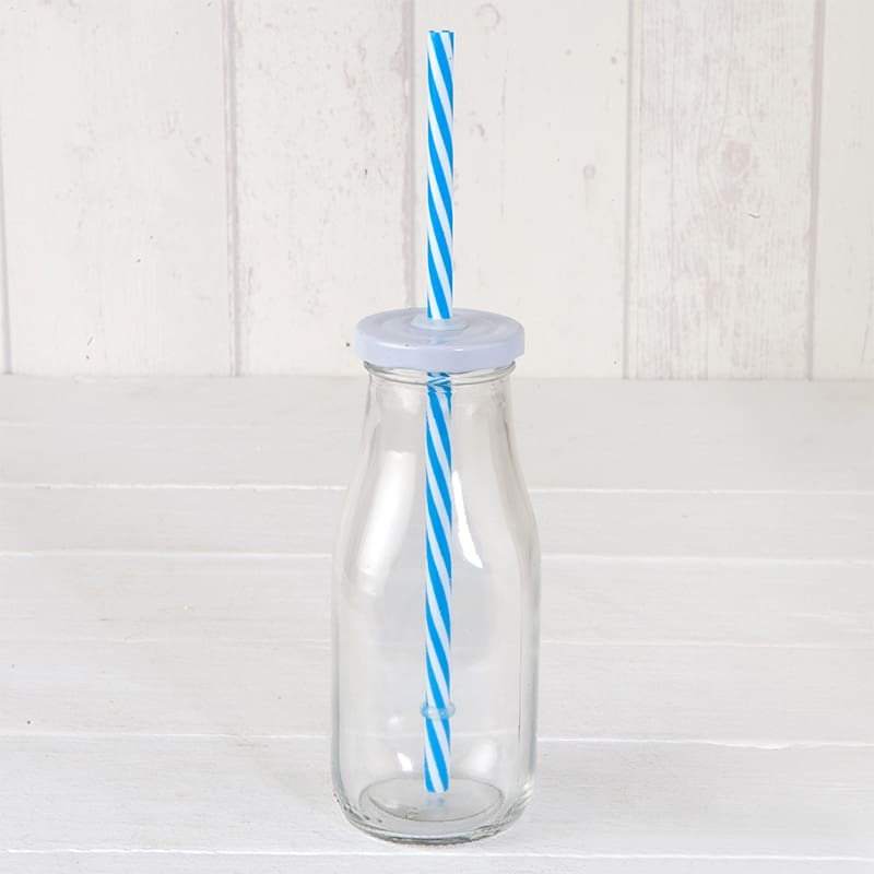 Botella de cristal, estilo lechera, con tapa y caña en color azul