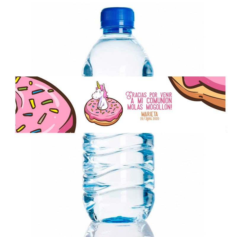 Etiqueta para personalizar botella de agua. Modelo Unicornio Donut.