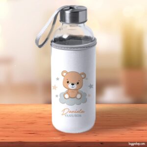 Botella H2O de cristal personalizada, tapón acero, modelo osito