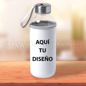 Botella H2O de cristal reutilizable con funda personalizada. Sube tu propio diseño