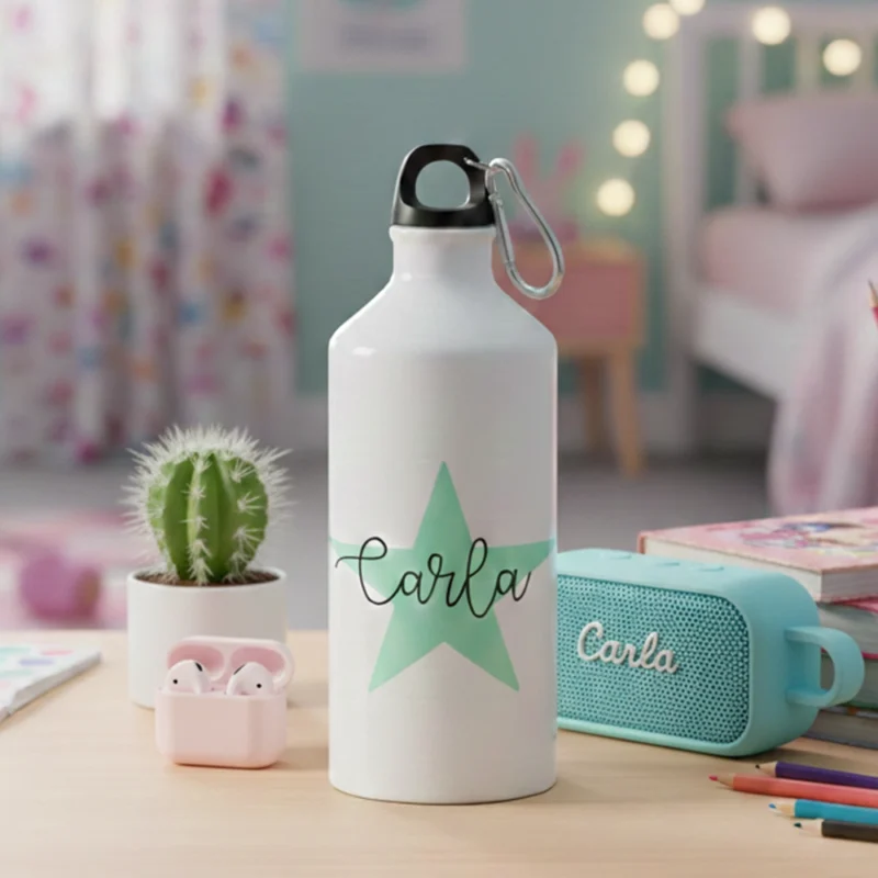 Cantimplora infantil regalo personalizado con nombre Carla y estrella color verde menta.