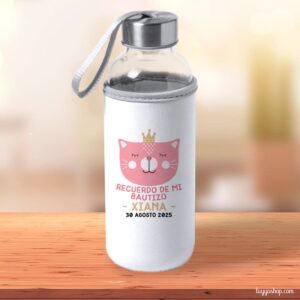 Botella H2O de cristal personalizada tapón acero modelo cat princess