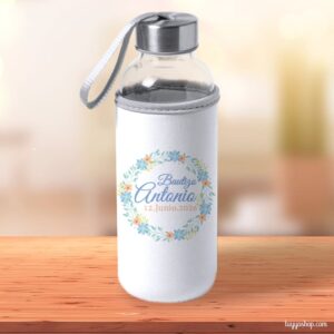 Botella H2O de cristal personalizada tapón acero modelo corona azul