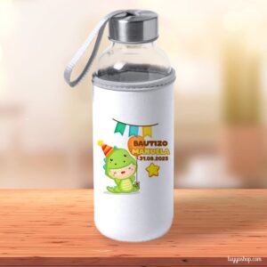 Botella H2O de cristal personalizada, tapón acero, modelo dinosaurio