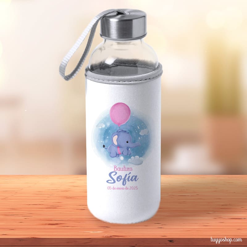 Botella H2O de cristal personalizada, tapón acero, modelo elefantito globo rosa botella personalizada para bautizo elefante glob rosa