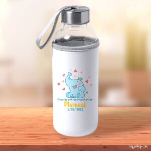 Botella H2O de cristal personalizada tapón acero modelo elefantito