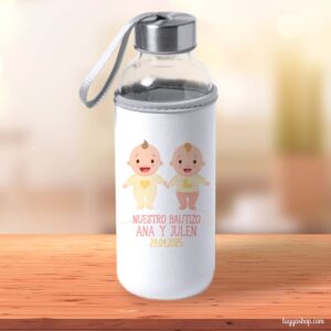 Botella H2O de cristal personalizada, tapón acero, modelo mellizos
