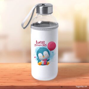 Botella H2O de cristal personalizada tapón acero modelo pingüino