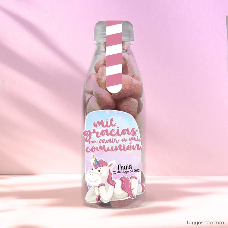 Botella reutilizable, llena de golosinas, personalizable, unicornio botella reutilizable rellena de chuches a elegir personalizable unicornio besitos scaled