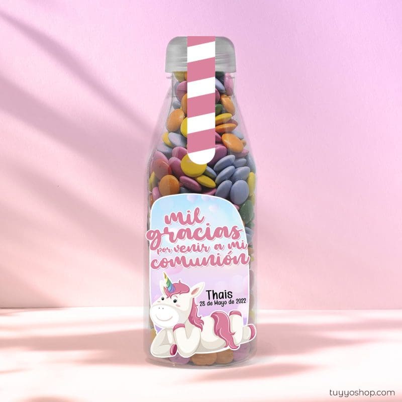 Botella reutilizable, llena de golosinas, personalizable, unicornio botella reutilizable rellena de chuches a elegir personalizable unicornio lacasitos scaled