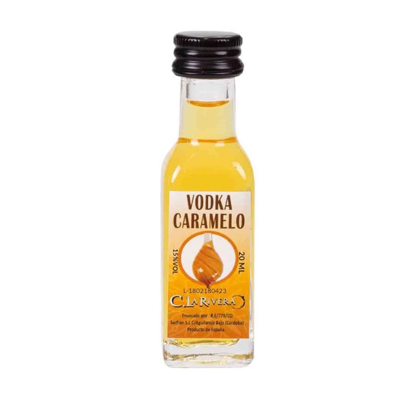 Licor en botellita de cristal. Sabor Vodka Caramelo. La Rivera. 20ml.