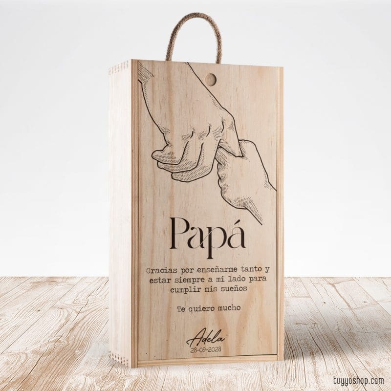 Caja de madera para vino. Modelo manos padre caja de madera manos padre
