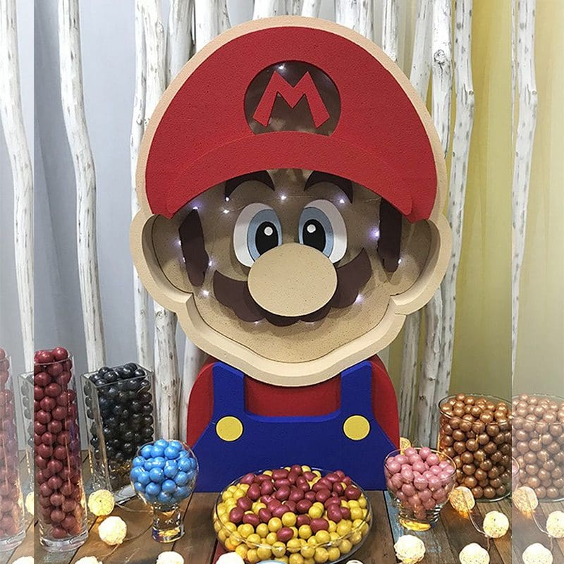 Corcho cajón de luz para candy bar, Super Mario caja luz comunion personalizada supermario