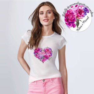 Camiseta para boda. Peonias Corazón. Personalizable. Blanca. Varias tallas.