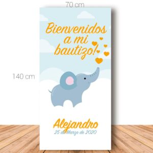 Cartel de bienvenida para bautizo. Elefantito. 70x140cm. Personalizable.