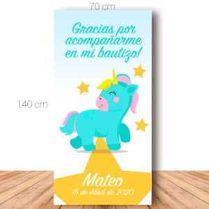 Cartel de bienvenida para bautizo. Green Unicornio. 70x140cm. Personalizable.