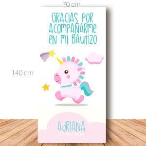 Cartel de bienvenida para bautizo. Pink unicornio. 70x140cm.