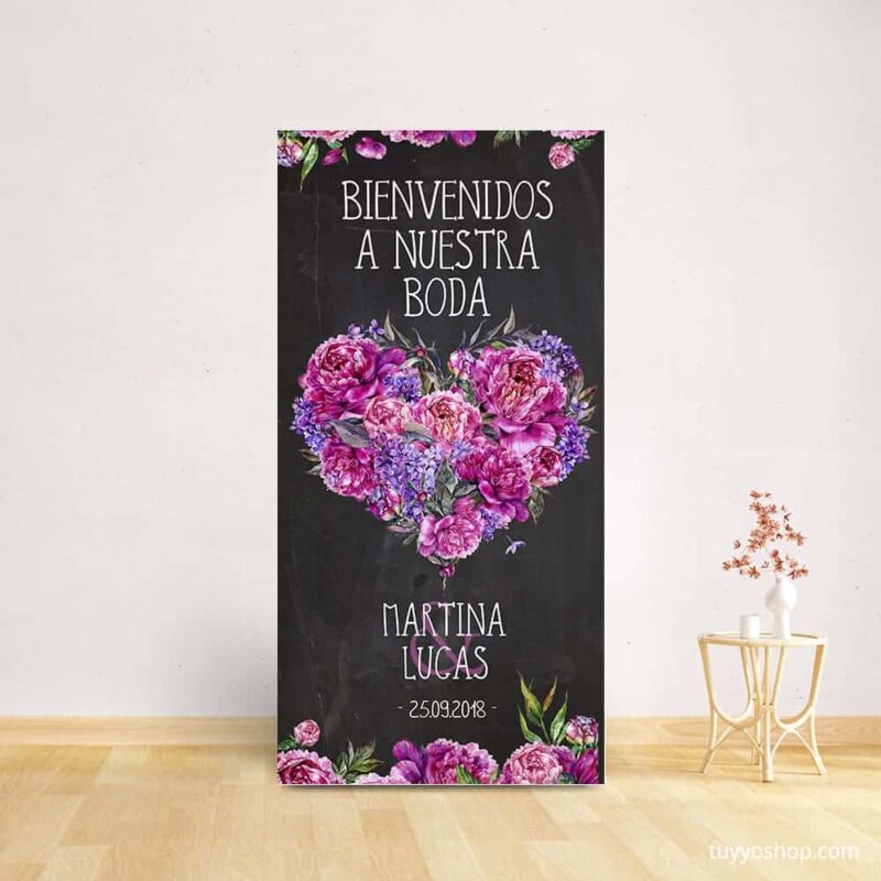 Cartel bienvenida boda. Modelo Corazón. 70x140cm. Personalizable.